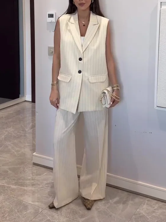 Classic Striped Sleeveless Blazer & Wide Leg Pants Set