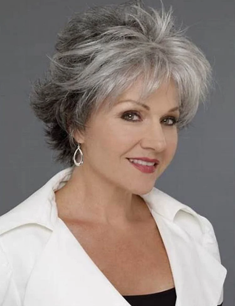 Short Gray Pixie Cut Wigs for White Women Silver Grey Curly Wig