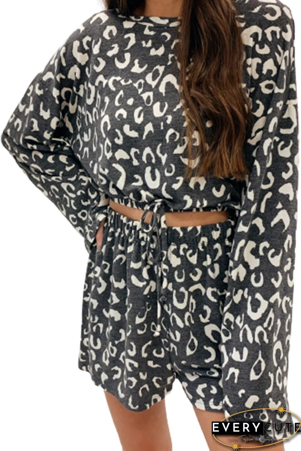 Gray Animal Print Long Sleeves Pullover and Shorts Lounge Set