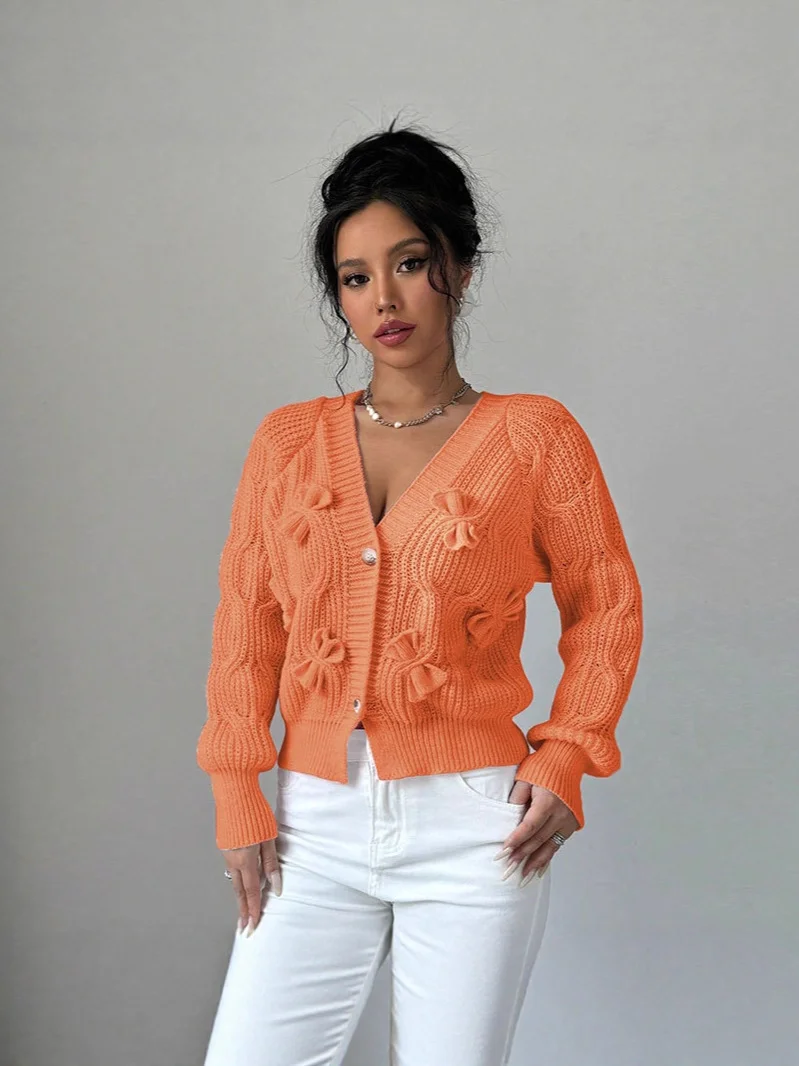 Athvotar Athvotar And Winter New Sweater Women's Tops Solid Color Long-Sleeved Bow Knitted Shirt Jacket