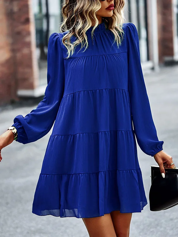 A-Line Bishop Sleeve Elasticity Pleated Solid Color Split-Joint Tied Mock Neck Mini Dresses