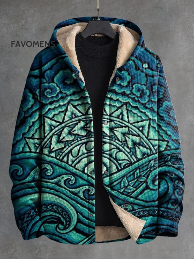 Retro Tribal Totem Print Waffle Plush Thickened Long Sleeve Hooded Jacket Multicolor / S