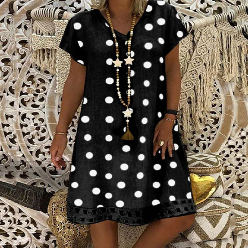 Women V-Neck Short Sleeve Hollow Polka Dot Summer Dress