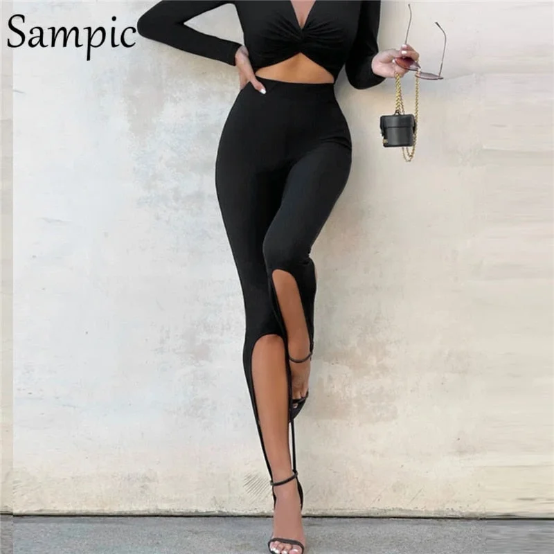 Sampic Korean Fashion Black Summer 2021 Women Sexy Knitted Step Foot High Waisted Skinny Pants Casual Trousers Pants Female