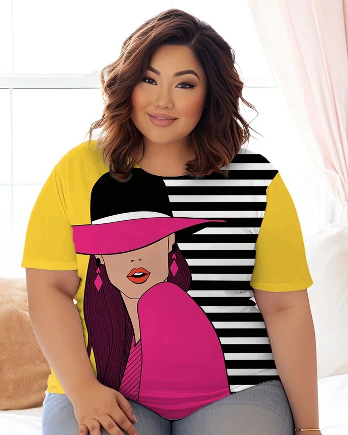 Women's Plus Size Striped Girl Illustration Round Neck Short Sleeve T-Shirt