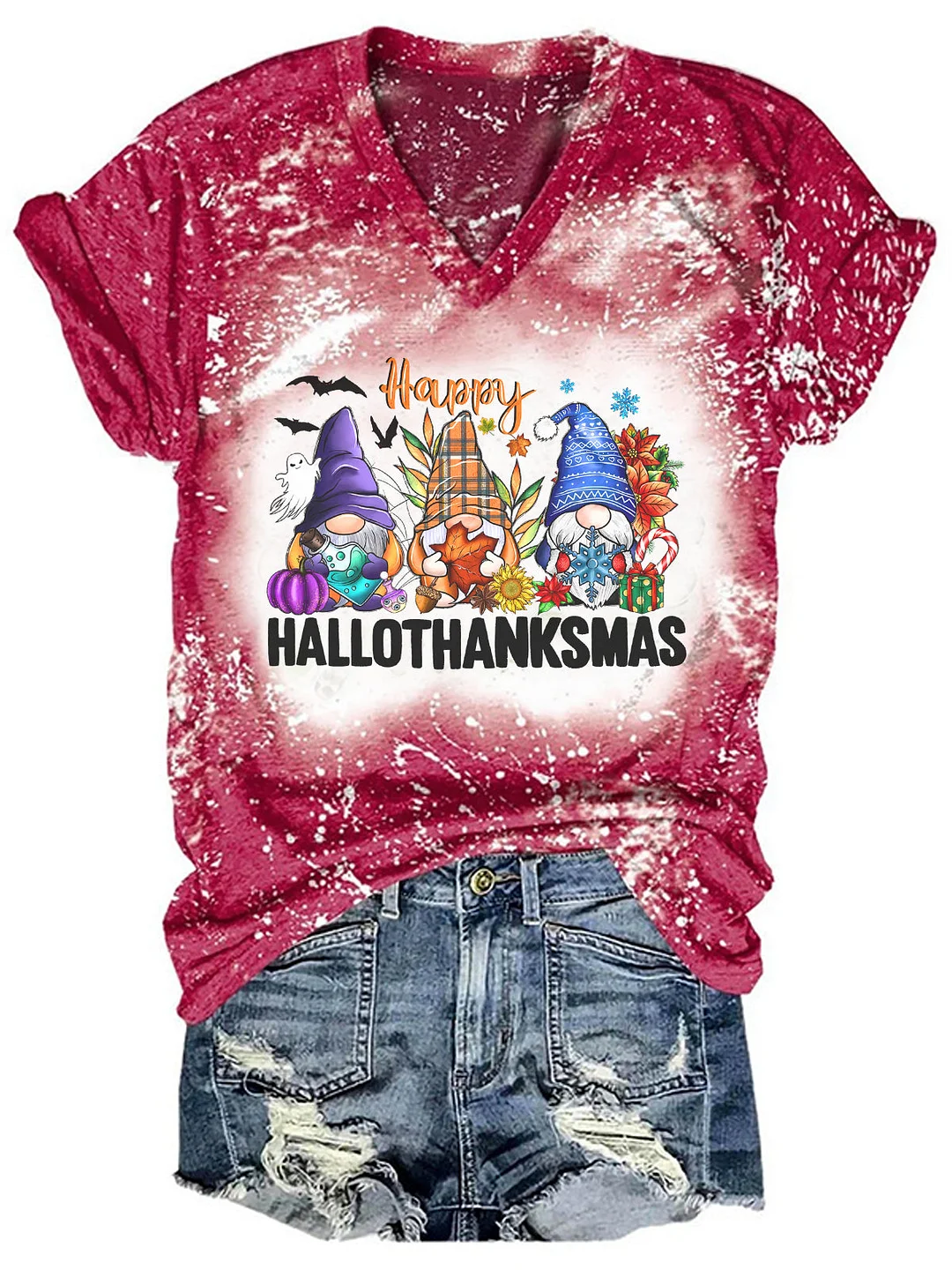 Hallothanksmas Gnomes Print Tie Dye T-shirt
