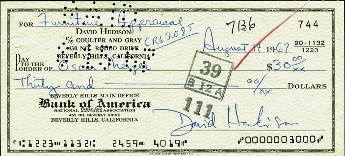 DAVID HEDISON Signed Check - 1967