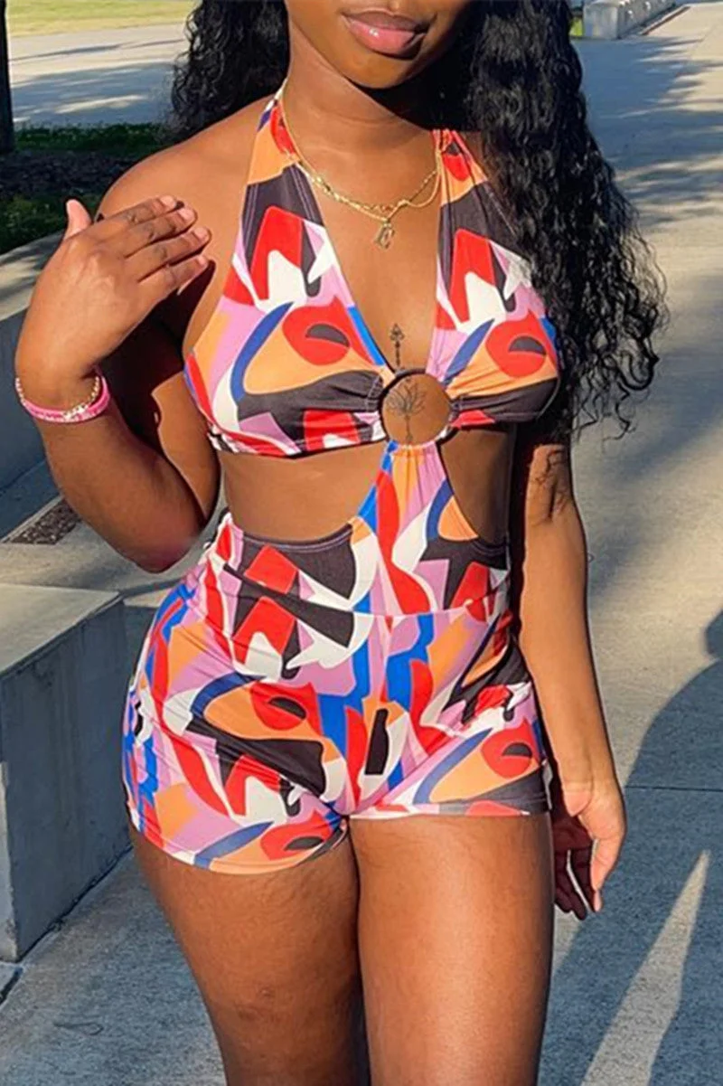 Fashion Sexy Print Backless Halter Skinny Romper