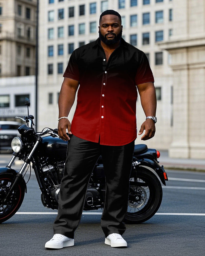 Men's Plus Size Business Black & Red Gradient Craft Short Sleeve Shirt Trousers Suit