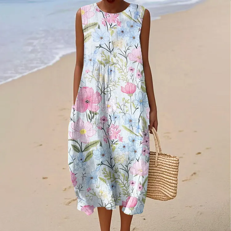 Women's Vintage Flowers Art Print Sleeveless Cotton Pocket Wrap Dress