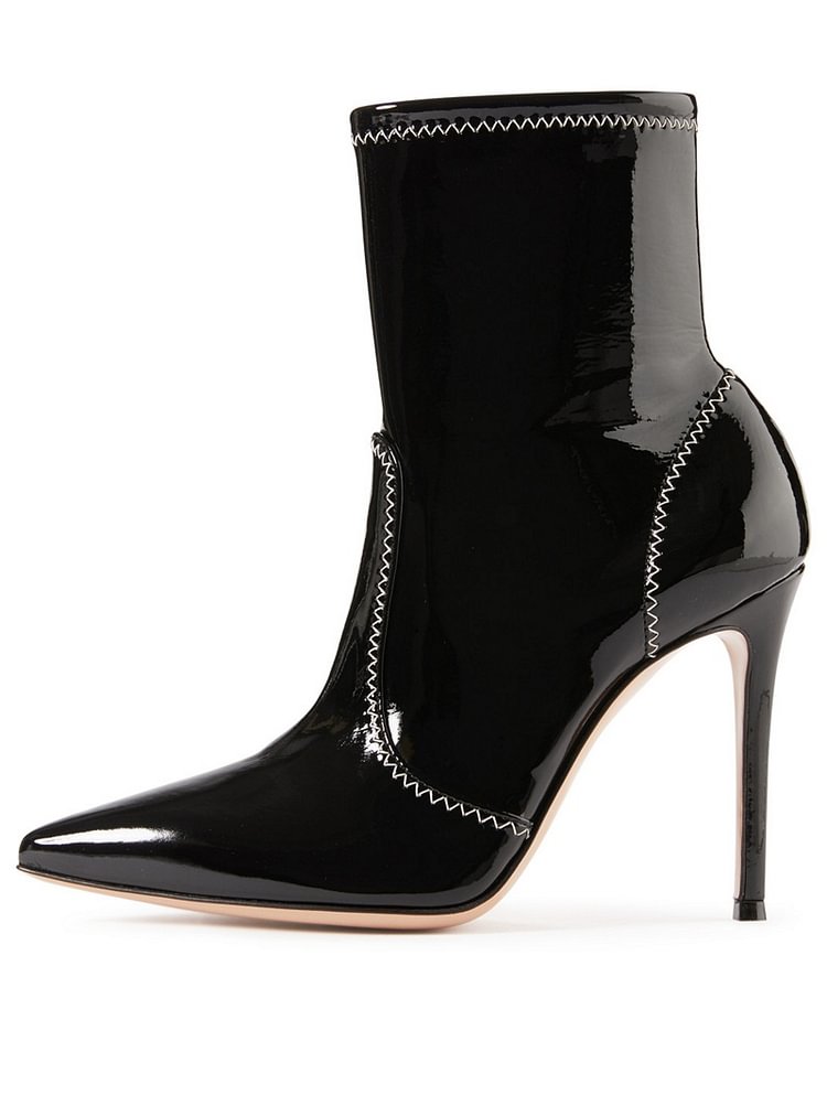 Black Patent Leather Pointy Toe Stiletto Boots Fashion Ankle Booties |FSJ Shoes