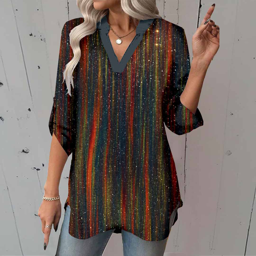 Women Glitter,Striped,Black DZGA0030 3/4 Sleeve V-neck Printed Graphic Button Tops