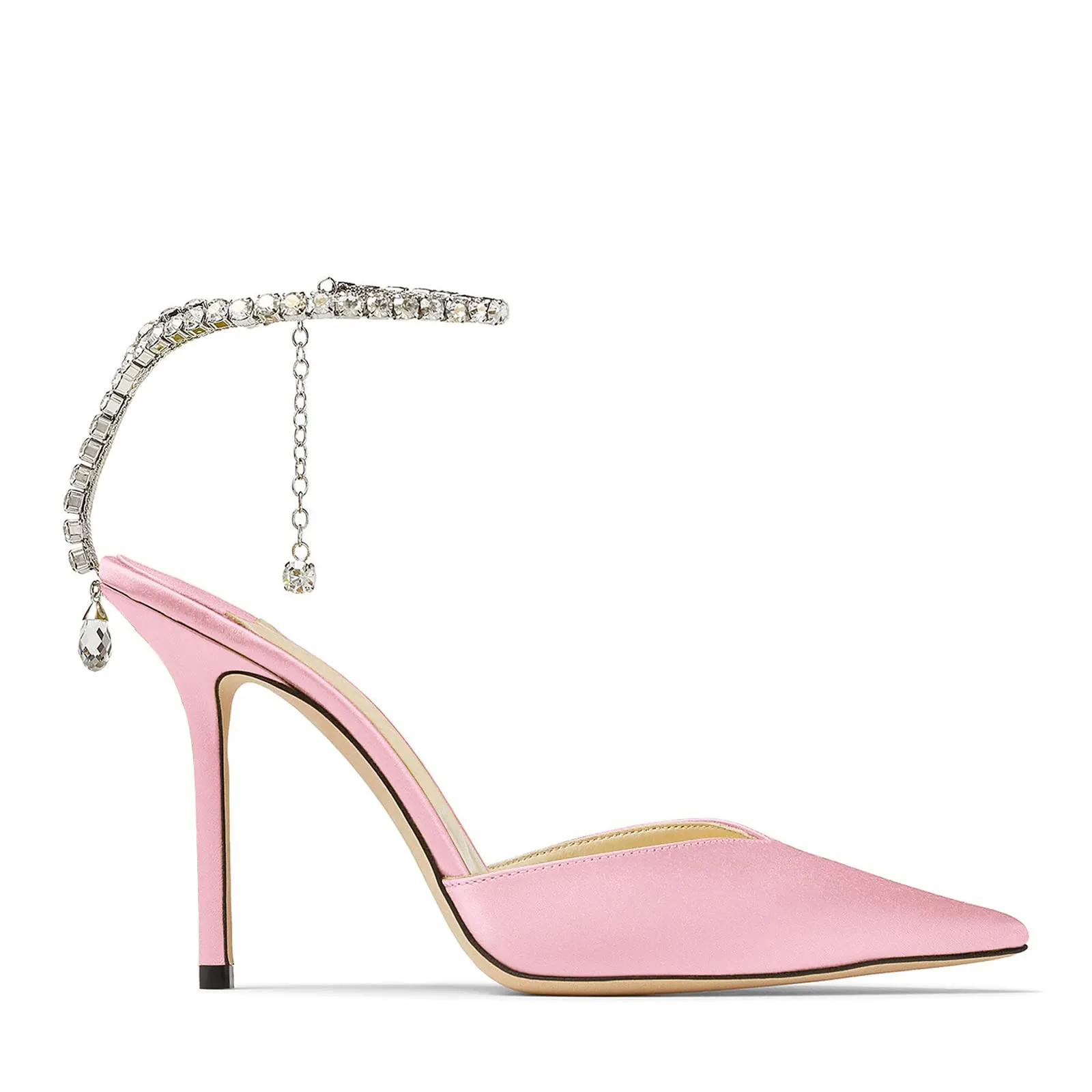 100mm Women's Sandals Crystal Chain Ankle Straps Rhinestones Buckle Heels Stiletto Satin Dress Shoes-vocosishoes