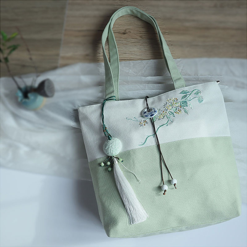Plum Embroidery Color Block Vintage Tote Bag