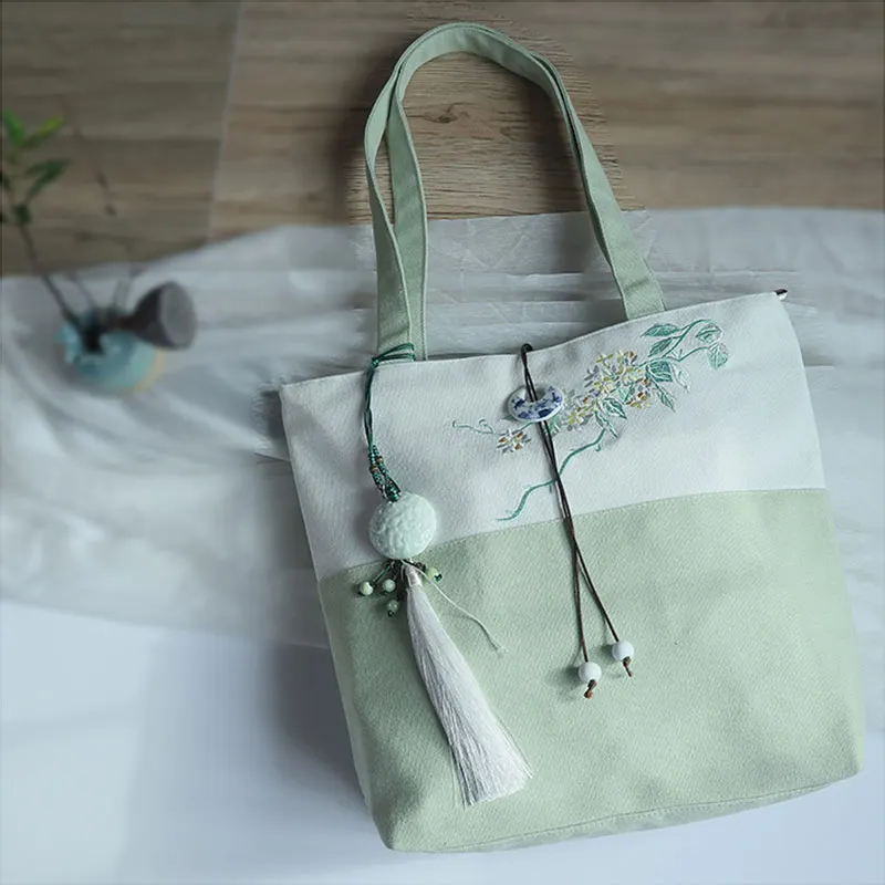 Plum Embroidery Color Block Vintage Tote Bag