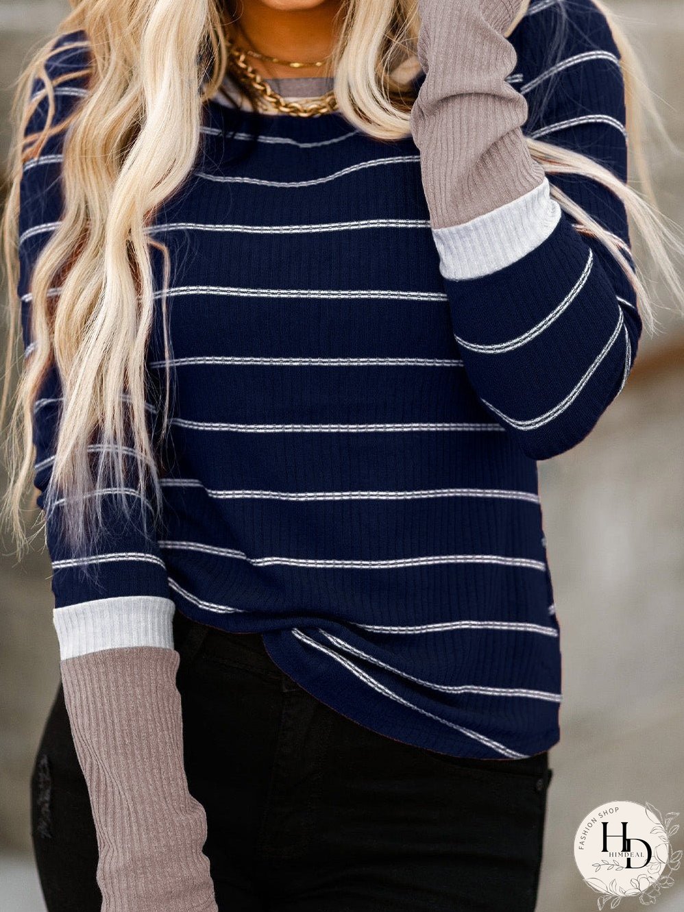 Blue Striped Rib Knit Pullover with Color Block Cuffs