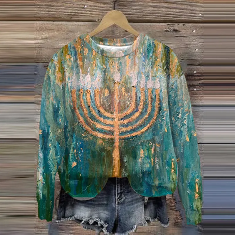 Women's Hanukkah Menorah Print Casual Sweatshirt