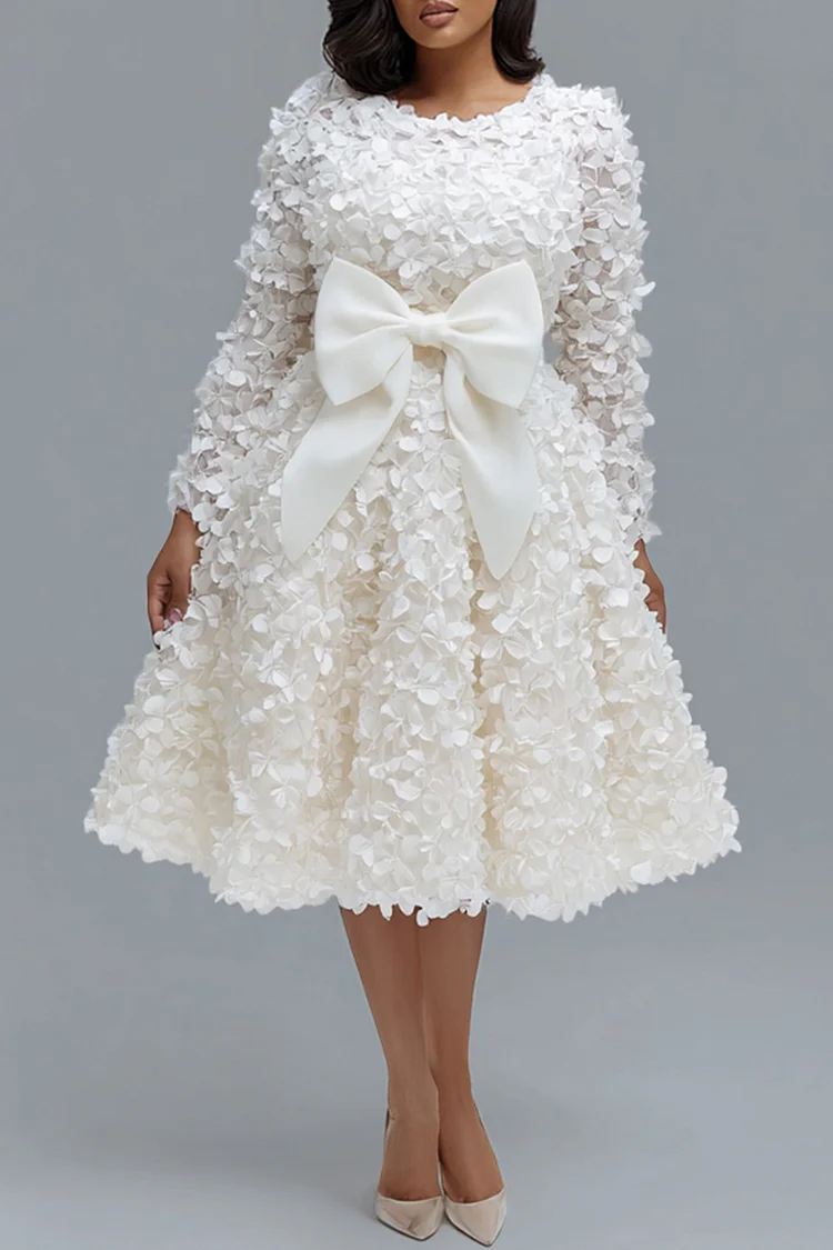 Xpluswear Design Plus Size Wedding White Round Neck Long Sleeve Bow Tie Elegant 3D Midi Dresses [Pre-Order]