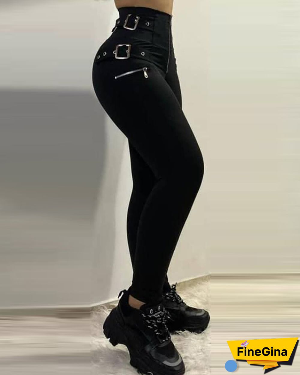 Zipper Design Eyelet Buckled High Waist Pants