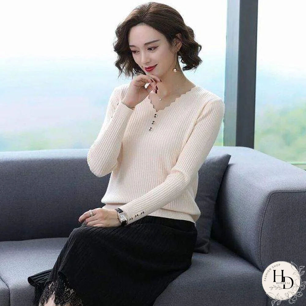 Sexy V Neck Buttons Solid Sweaters Pullover Women Autumn Winter Casual Long Sleeve Knitted Tops Ladies Bodycon Jumper Large Size