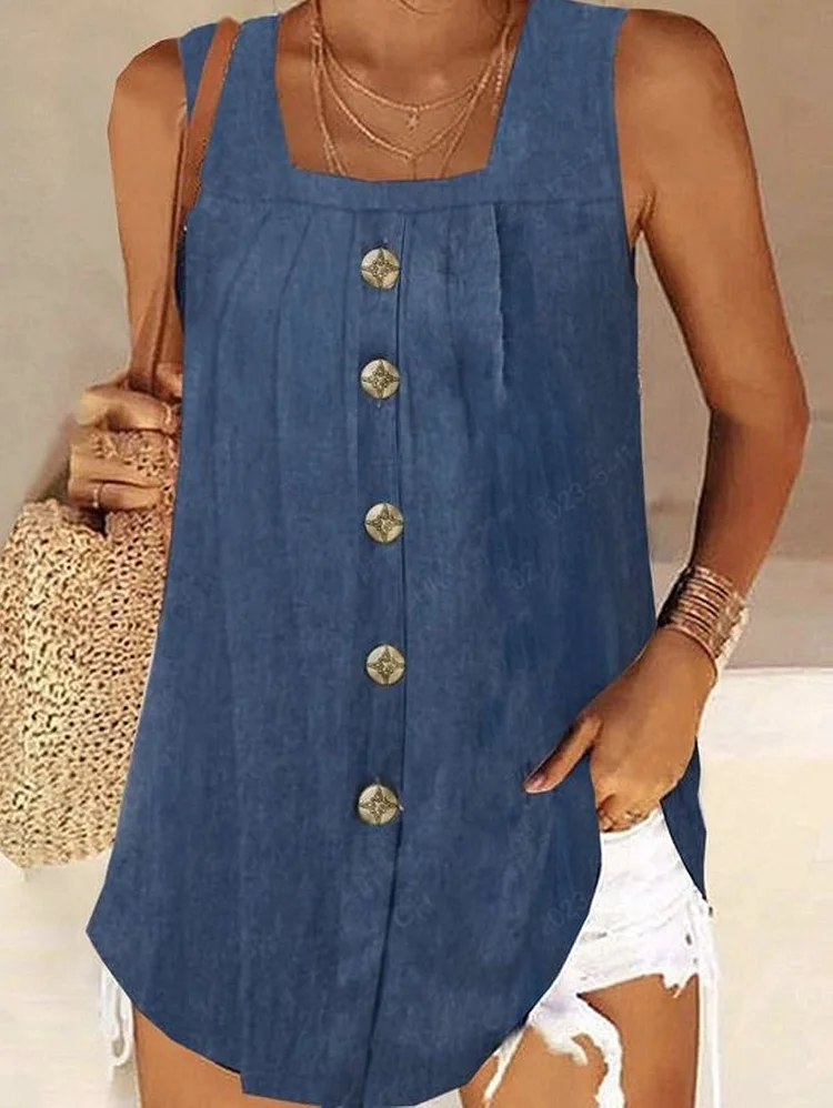 Ursime Casual Plain Loose Square Neck Sleeveless Denim Tank Top