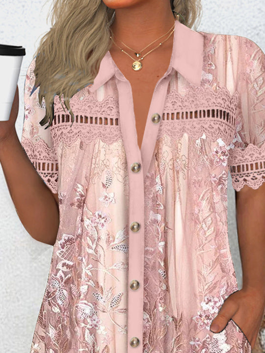 (PRE ORDER)Women's Short Sleeve V-neck Graphic Lace Buttons Tops