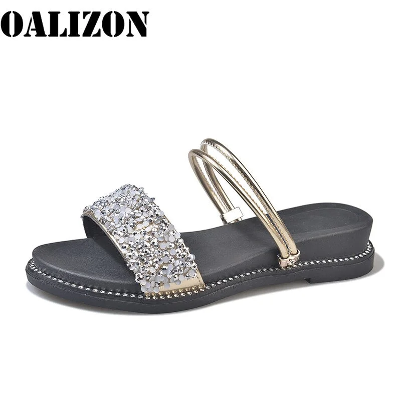 Summer Luxury Diamante Rhinestone Women Low Wedge Heel Slippers Shoes Lady Flat Sandals Flip Flop Casual Slingback Sandals Shoes