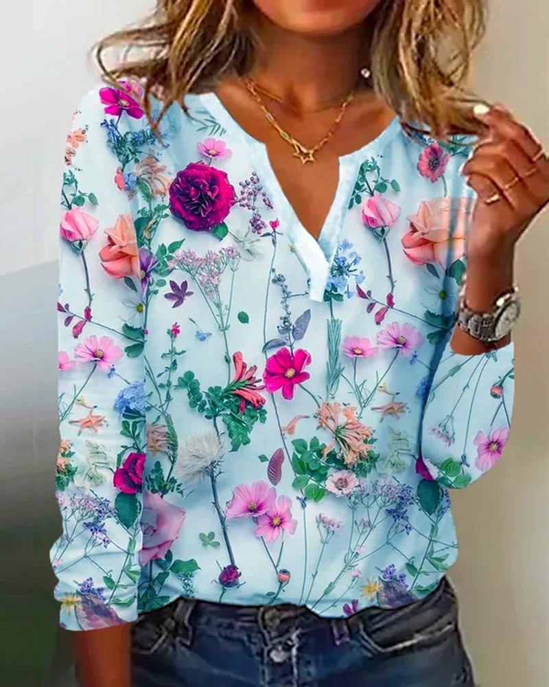 Mature Women's Printed V-neck Long-sleeved T-shirt Top