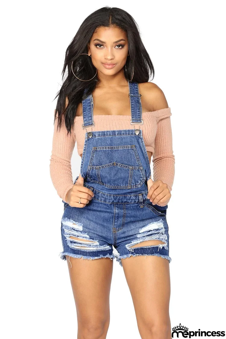 Raw Hem Ripped Denim Short Overall