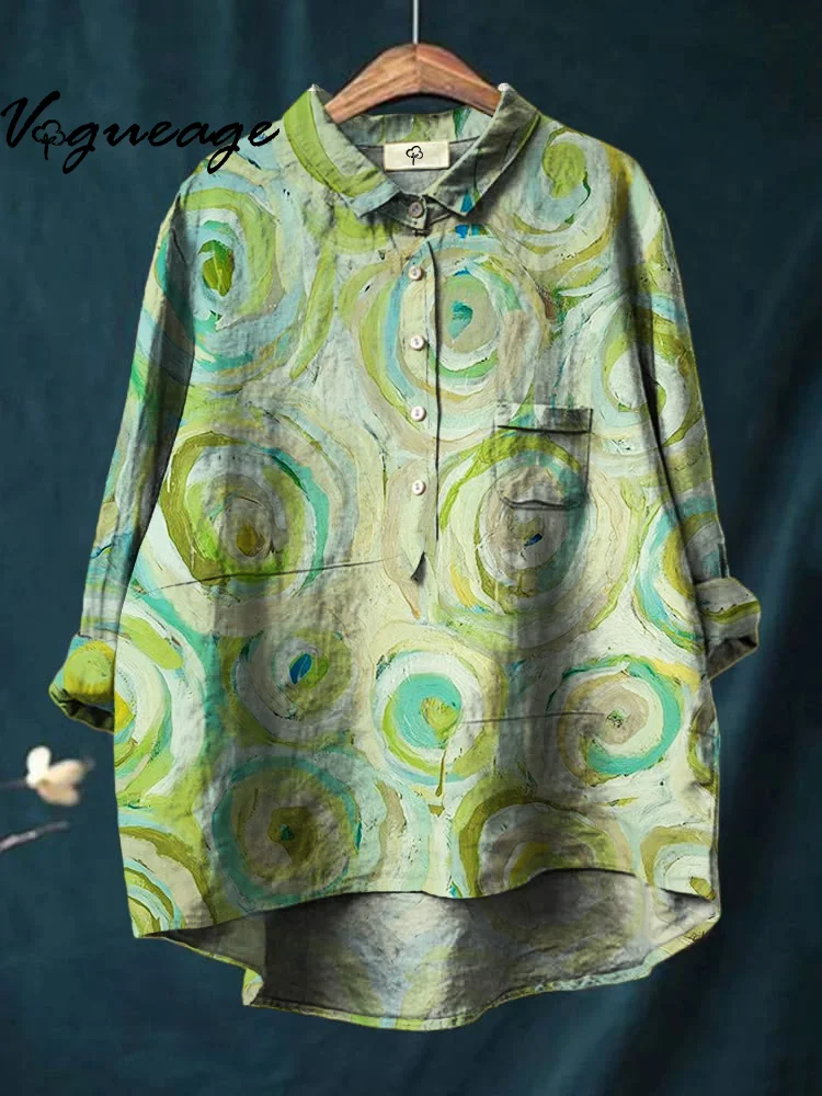 Abstract Oil Painting Circle Printed Cotton And Linen Shirt