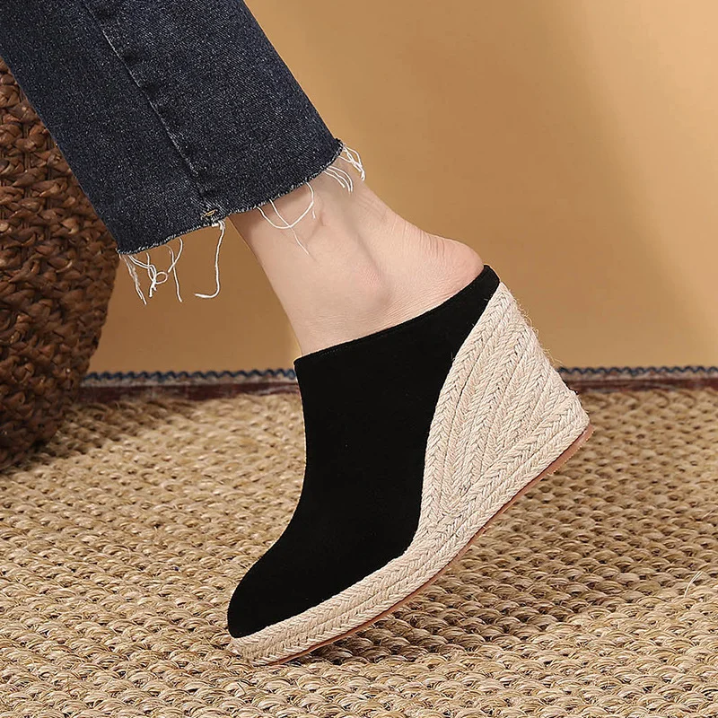Wongn Wongn And Autumn New Pointed Slope With Thick Bottom High Heel Head Drag Women's Single Shoes After Empty Straw Hemp Rope Bottom