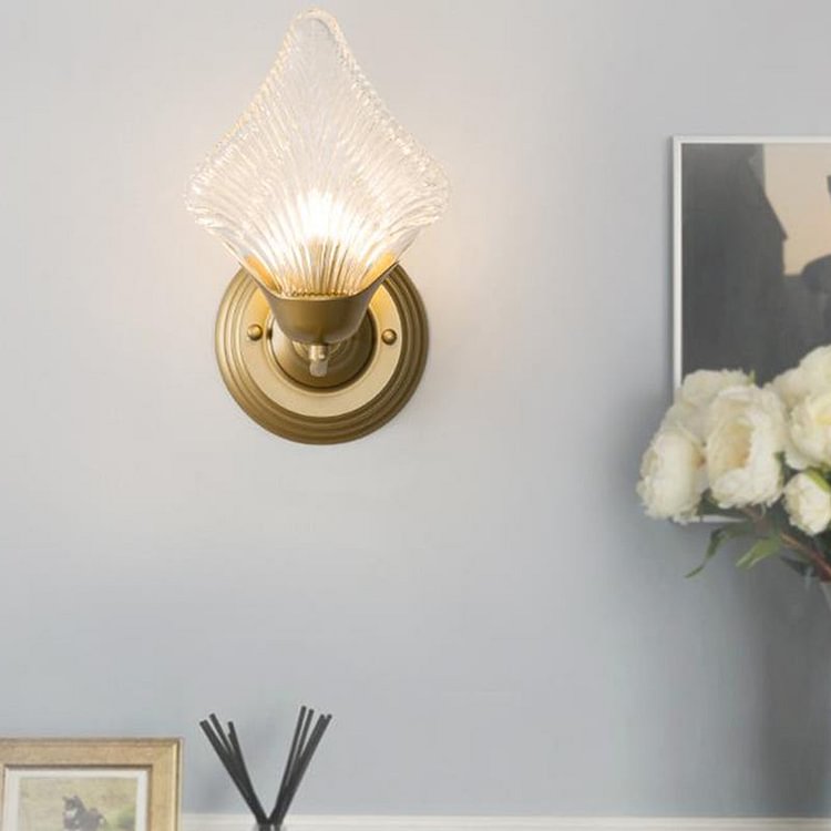Shell Bedroom Wall Sconce Light Vintage Clear Ribbed Glass 1/2 Heads Gold Wall Lighting Fixture