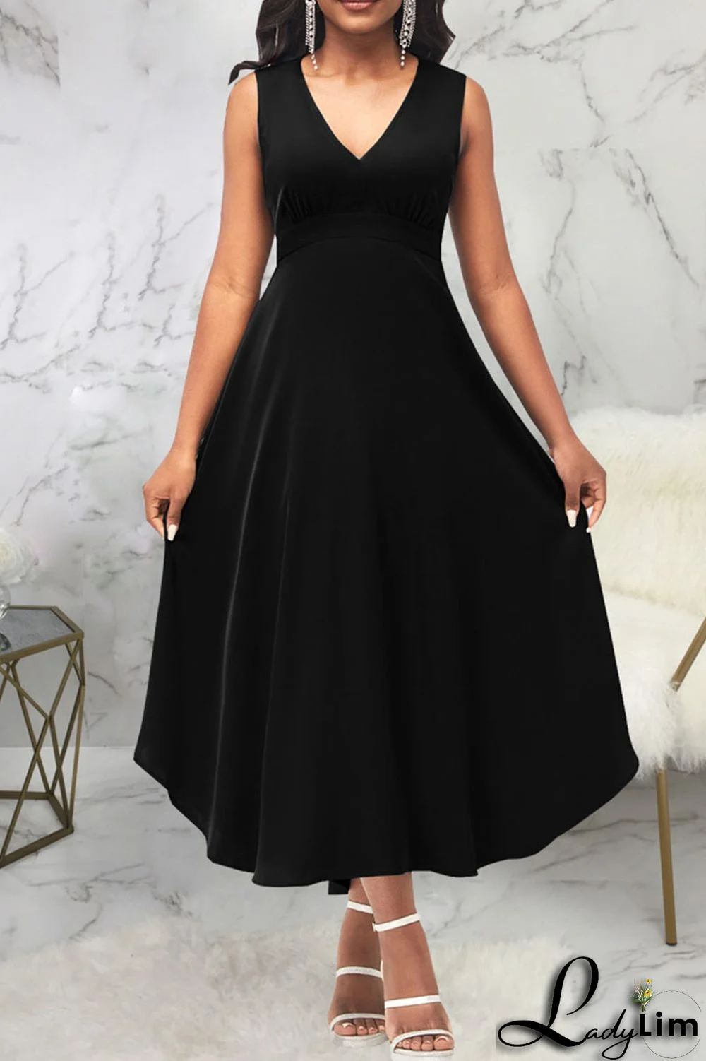 Black Casual Solid Patchwork V Neck A Line Dresses