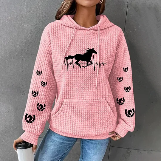 VChics Horse Heartbeat Print Waffle Hoodie