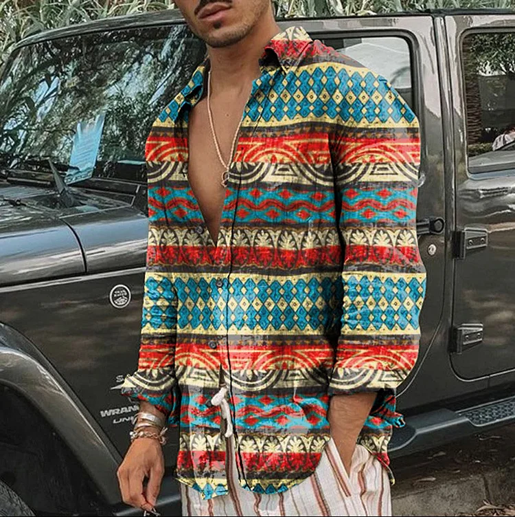 Pre-sale men's retro tribal print hippie long-sleeved shirt