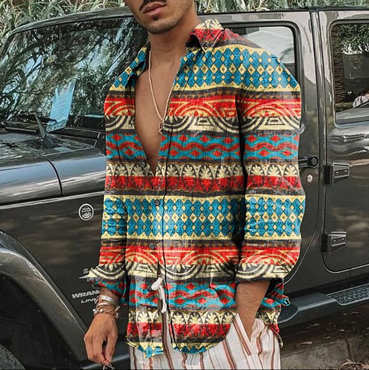 Pre-sale men's retro tribal print hippie long-sleeved shirt