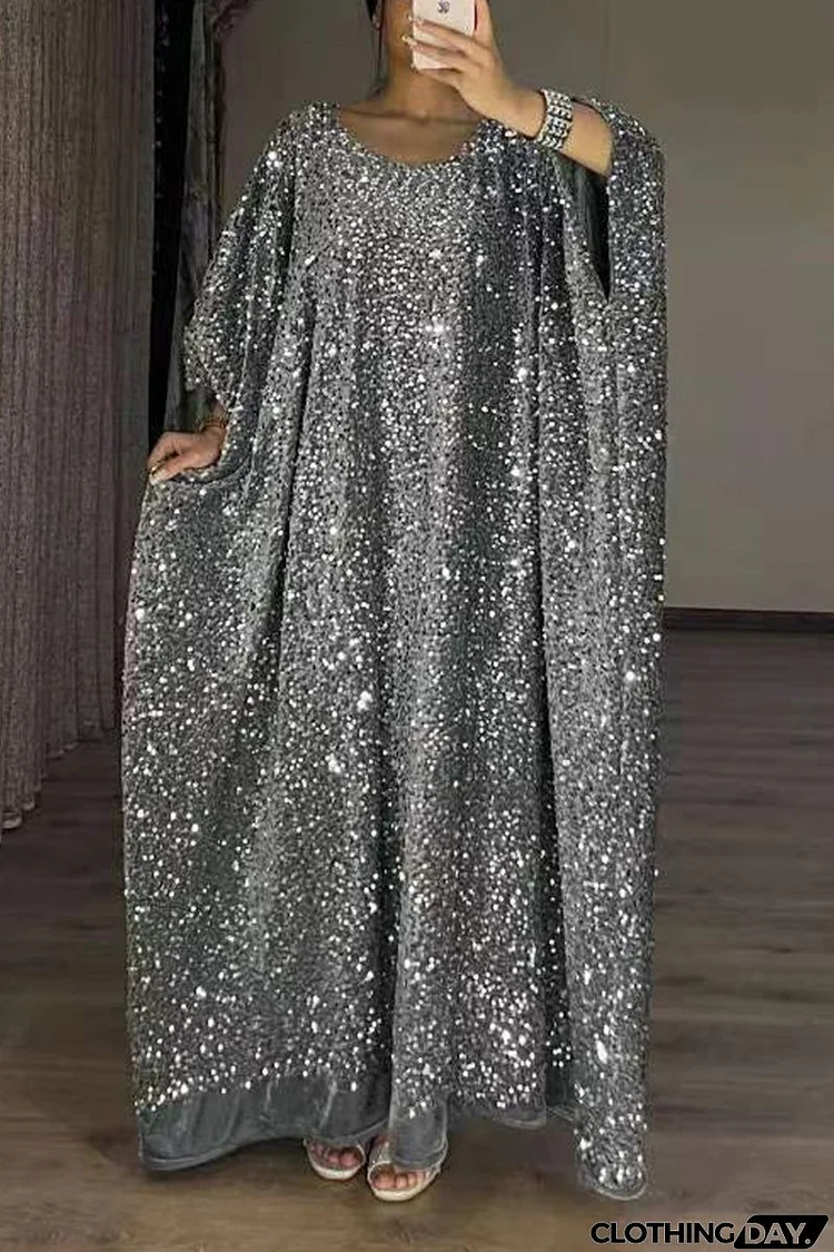 College Solid Sequins Sequined U Neck Long Sleeve Dresses