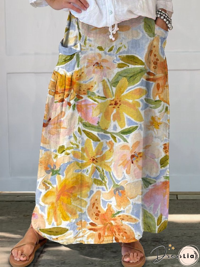 Yellow Pink Flower Print Women's Linen Pocket Skirt