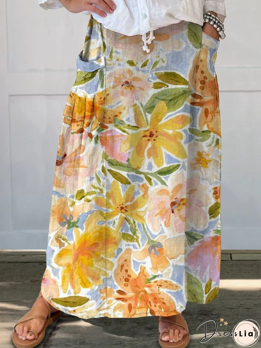 Yellow Pink Flower Print Women's Linen Pocket Skirt