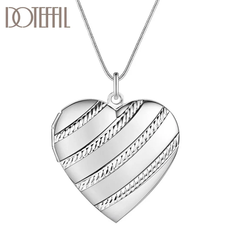 DOTEFFIL 925 Sterling Silver Love Heaet Photo Frame Snake Chain Necklace For Women Jewelry