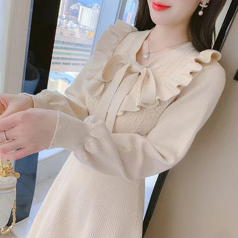 Jangj Winter Female Long Sleeve High Waisted Knitted Dresses Women Solid Color V Neck Lace Up Elegant Dress