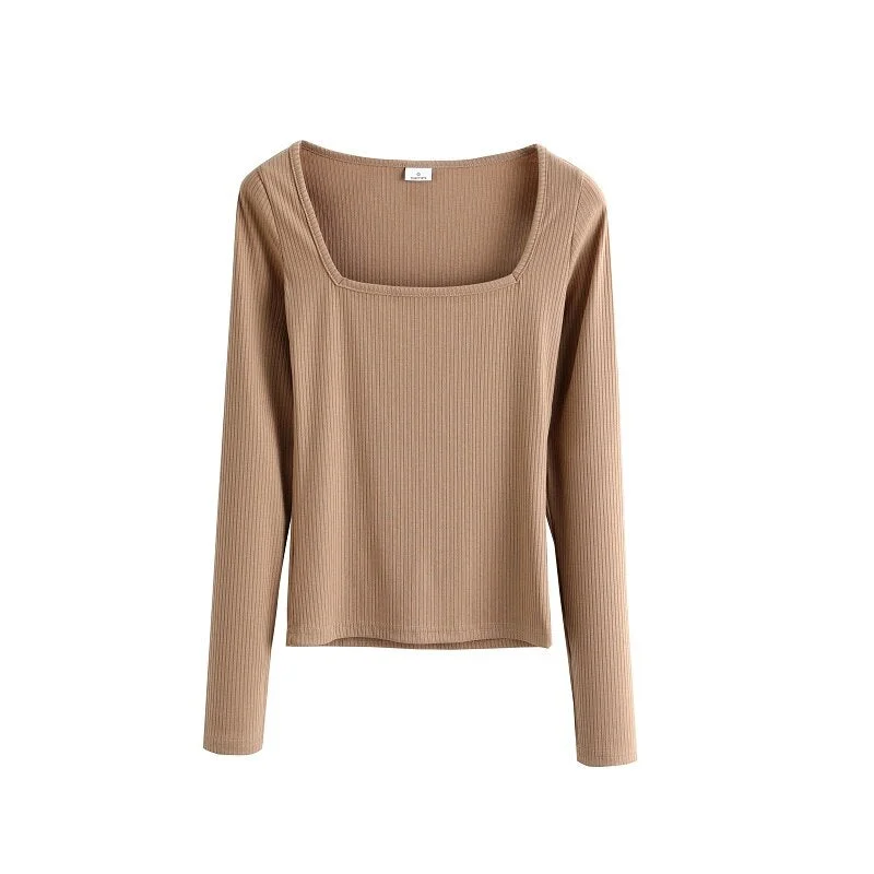 Toppies Sexy Square Collar Slim T-shirts Woman Knitwear Tops Solid Color Long Sleeve Skinny Tops