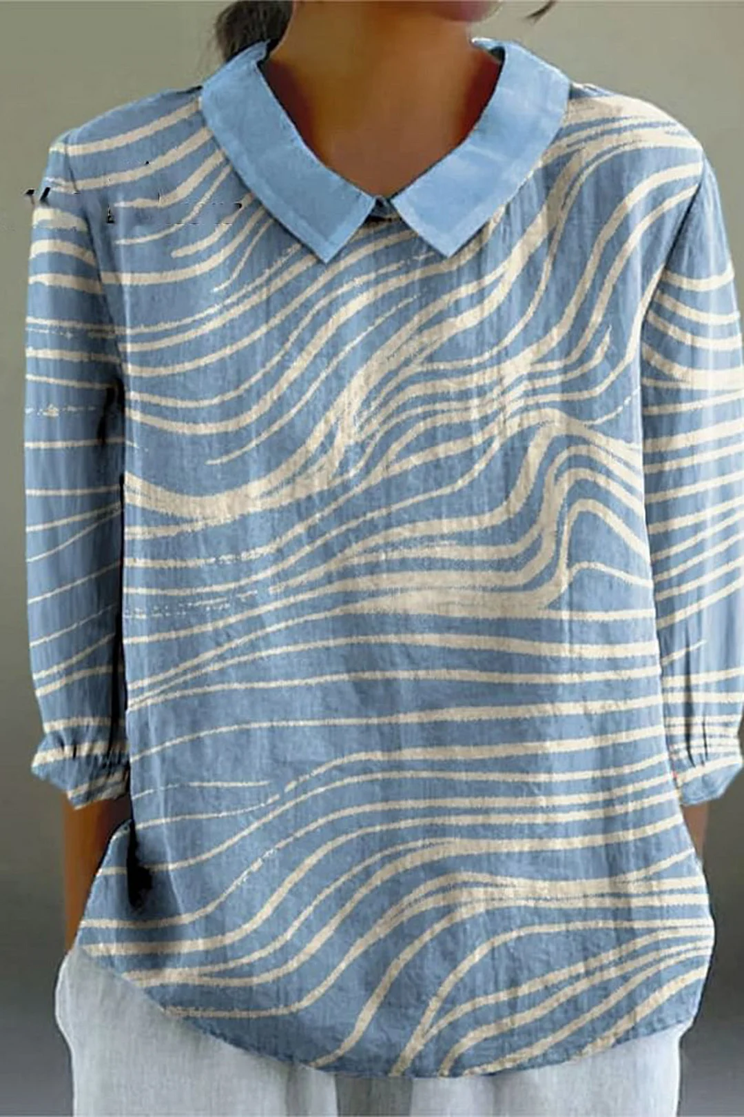 Women's Vintage Colorblock Striped Art Print Casual Cotton And Linen 3/4 Sleeve Shirt