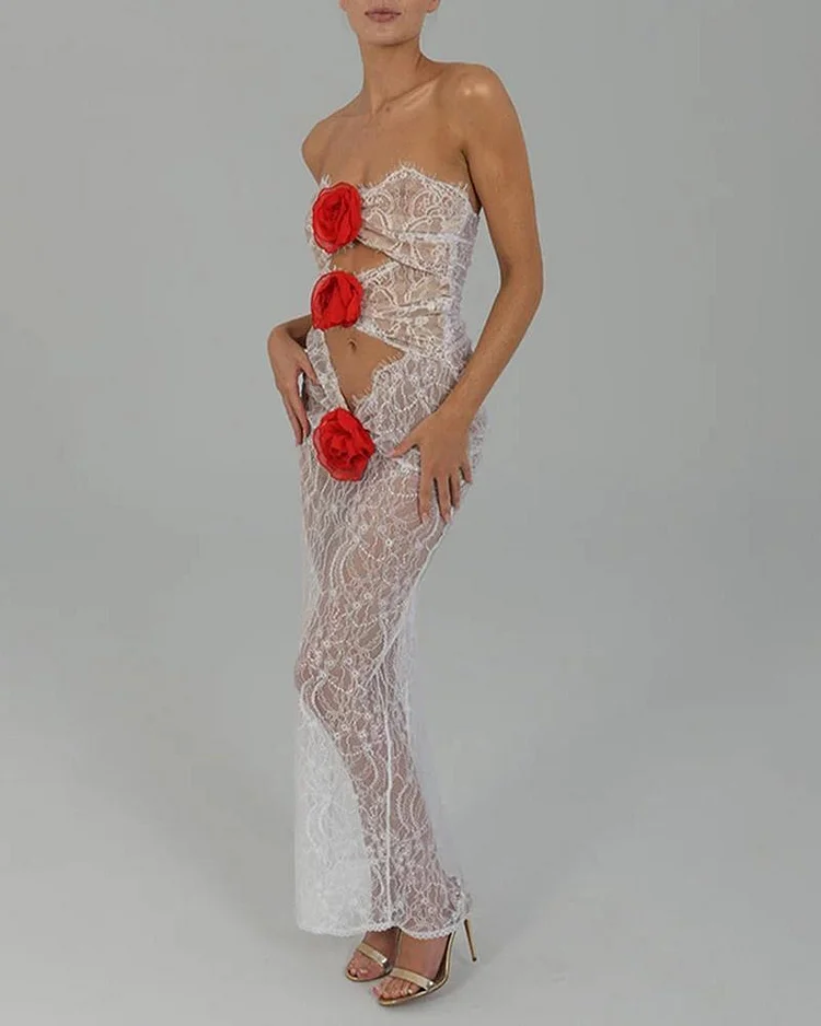Rose Cut Out Lace Bandeau Maxi Dress