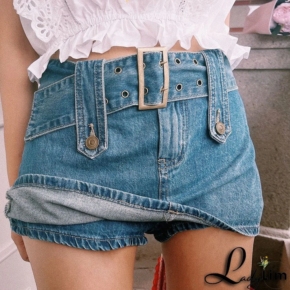 Trendy Belt Mini Denim Shorts Skirt