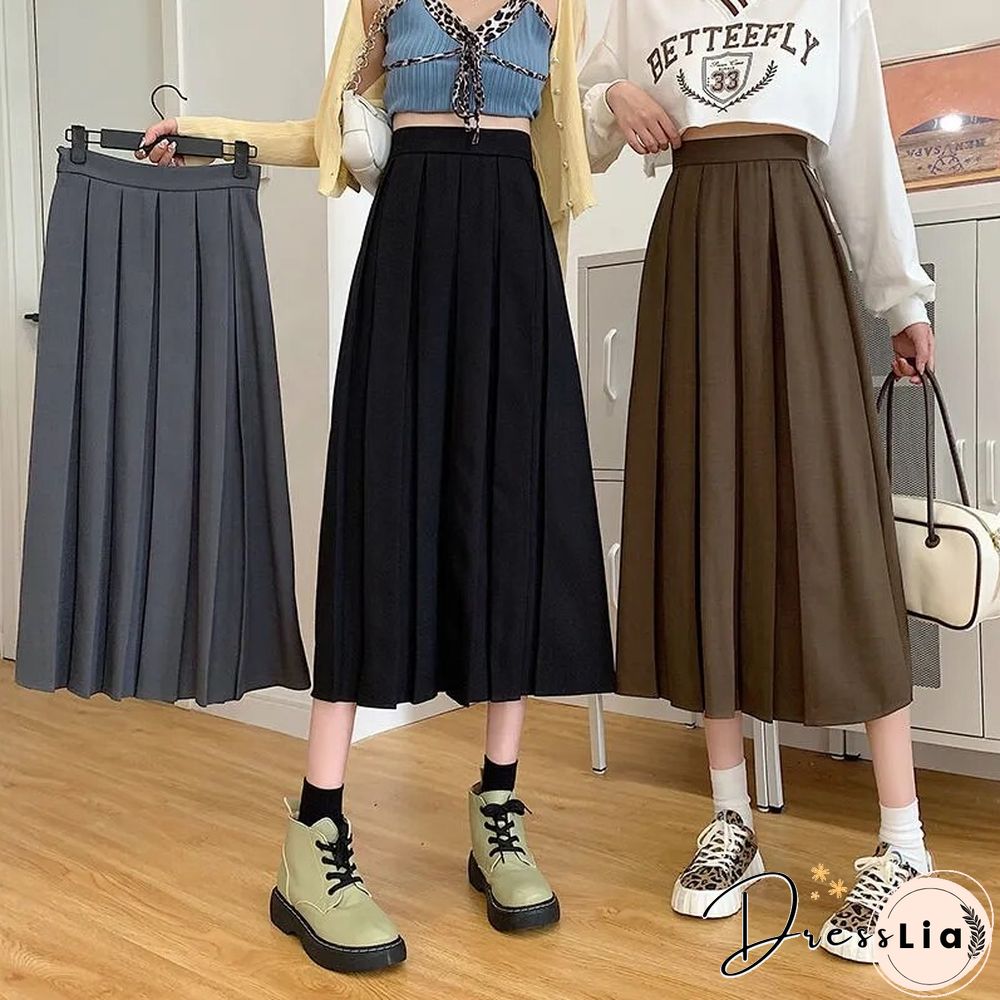 Vintage Pleated Midi Skirt Fashion High Waist Gothic Skirt Women Spring Casual Korean A-line Elastic Solid All-match Skirt New