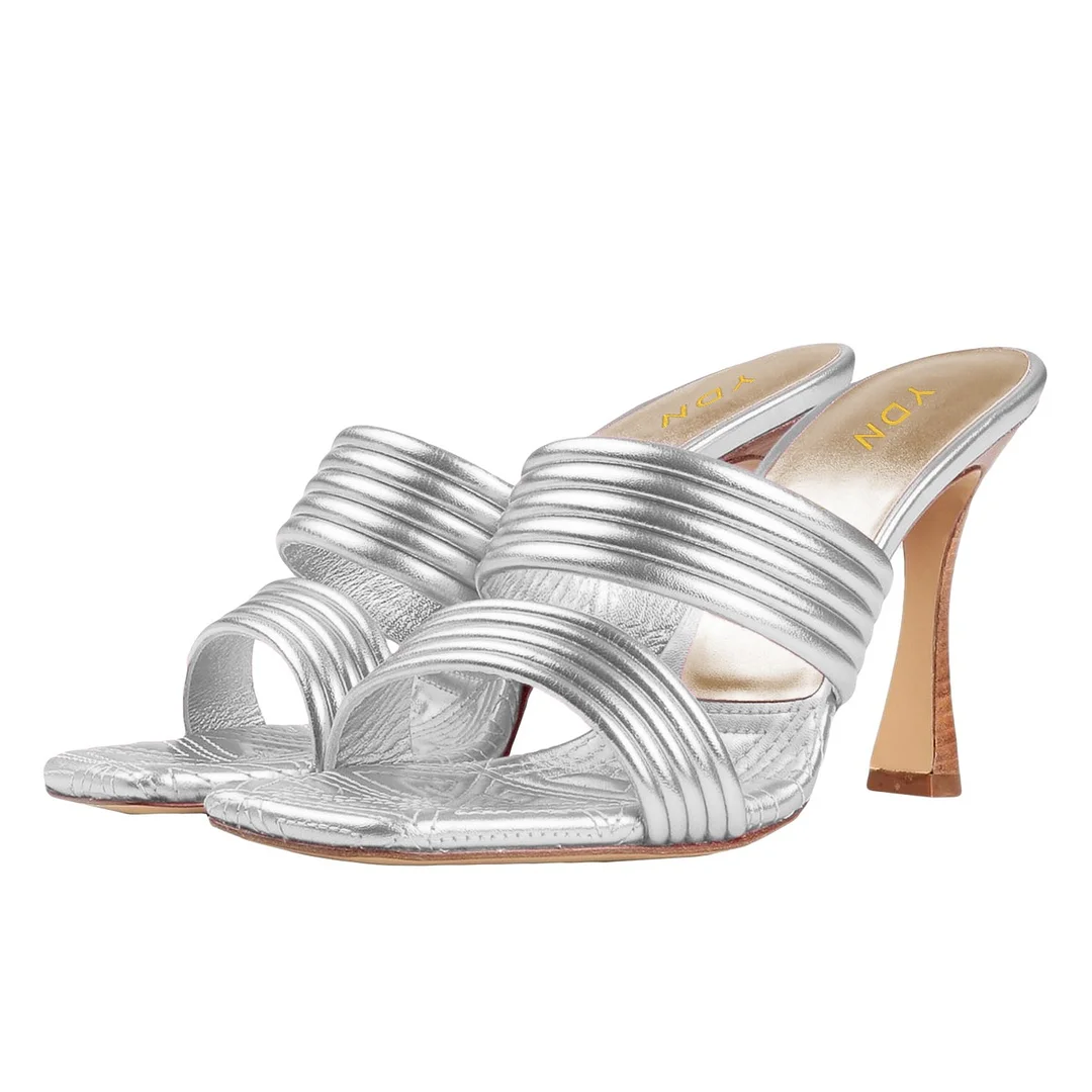 Square Toe Spool High Heeled Double Strap Metallic Silver Sandals
