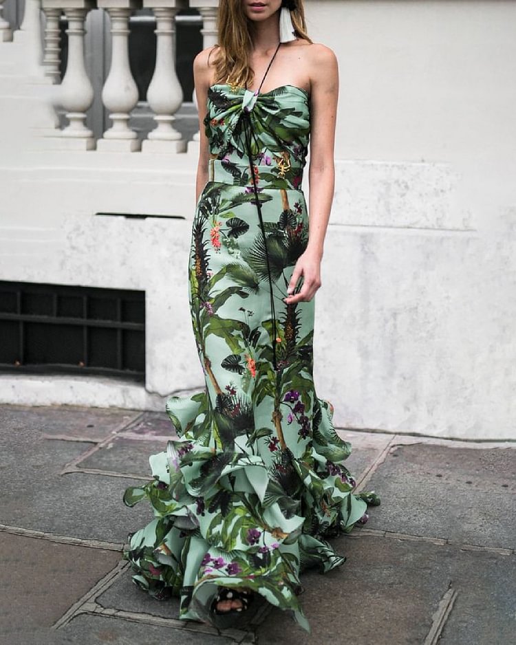 Elegant Print Ruffle Bandeau Dress