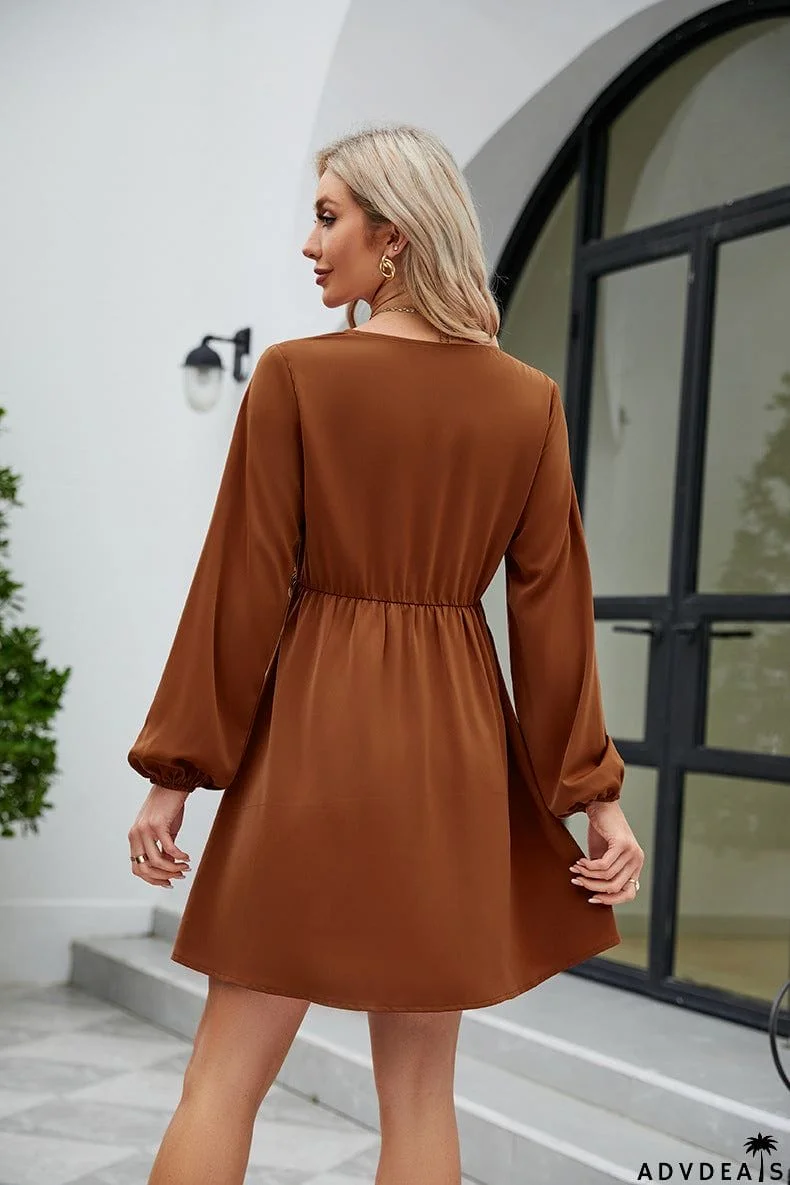 Frill Trim V-Neck Long Sleeve Dress