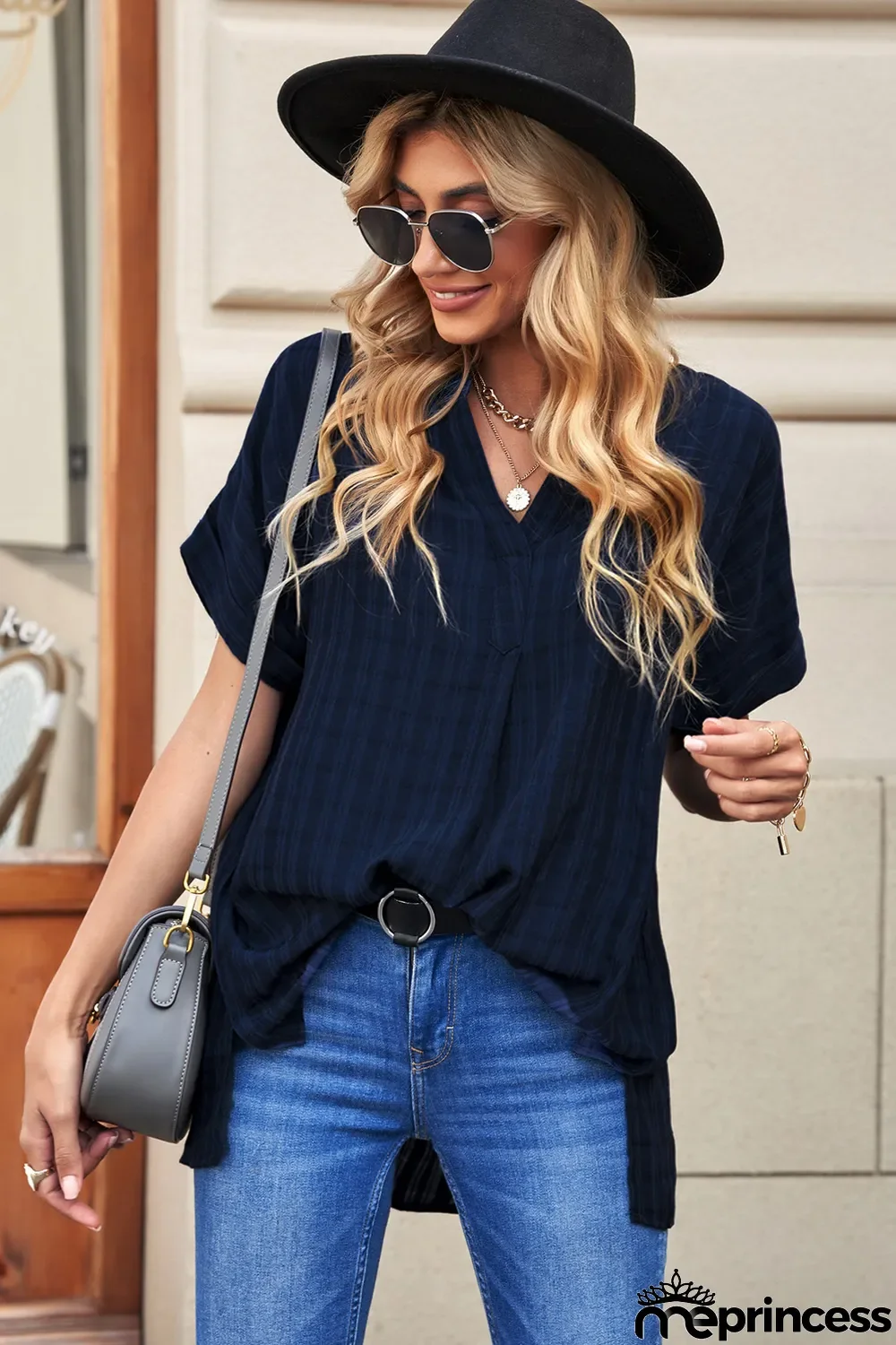 Navy Plaid Print Loose V Neck Short Sleeve Shirt with Slits